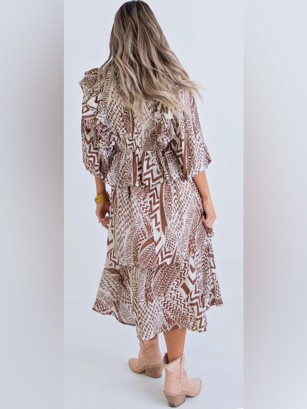 Karlie GEOMETRIC TRIBAL VNECK RUFFLE BROWN AND CREAM MIDI DRESS Size Small - Picture 12 of 12